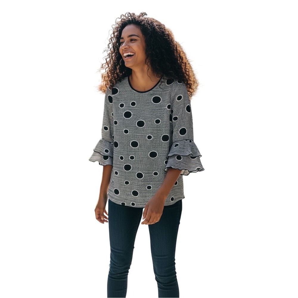 RENUAR Longline‎ Waffle Textured Polka Dotted Blouse Top 3/4 Ruffled Sleeve M